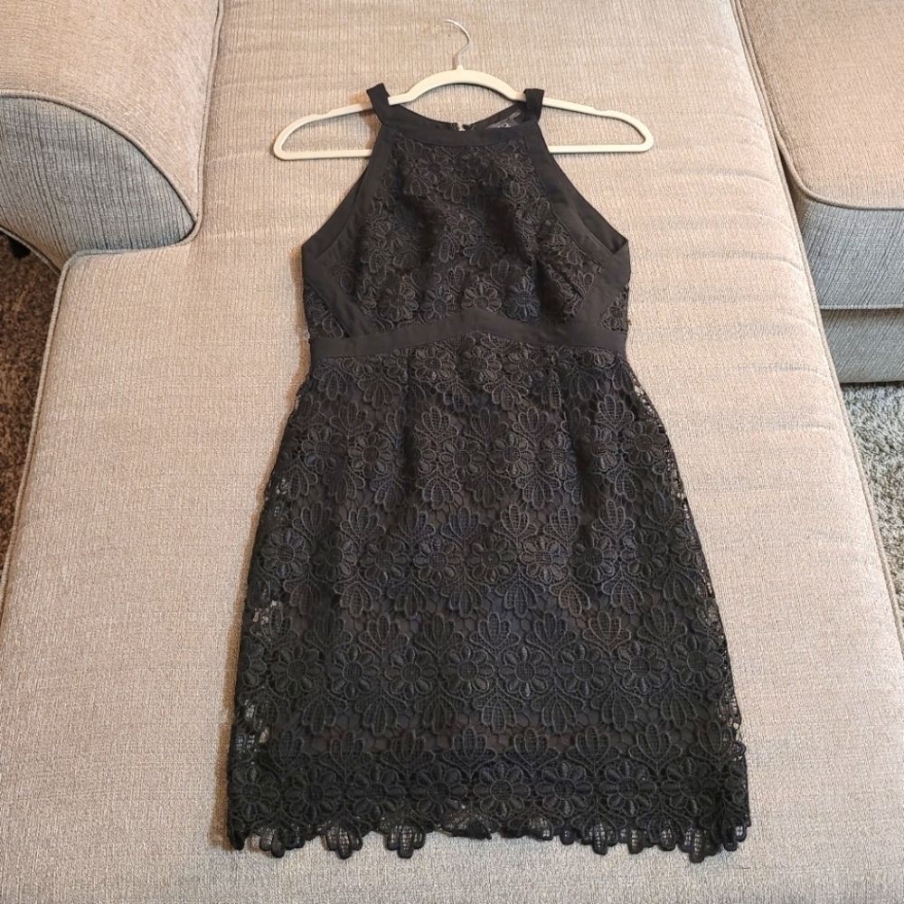 ASTR Black Boho Lace Eyelet Embroidered Lined High Neck Mini Dress Size Small